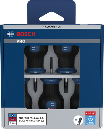 Bộ tua vít ngắn Bosch PRO PH/SL với trục S2 và mô-men xoắn +40%.